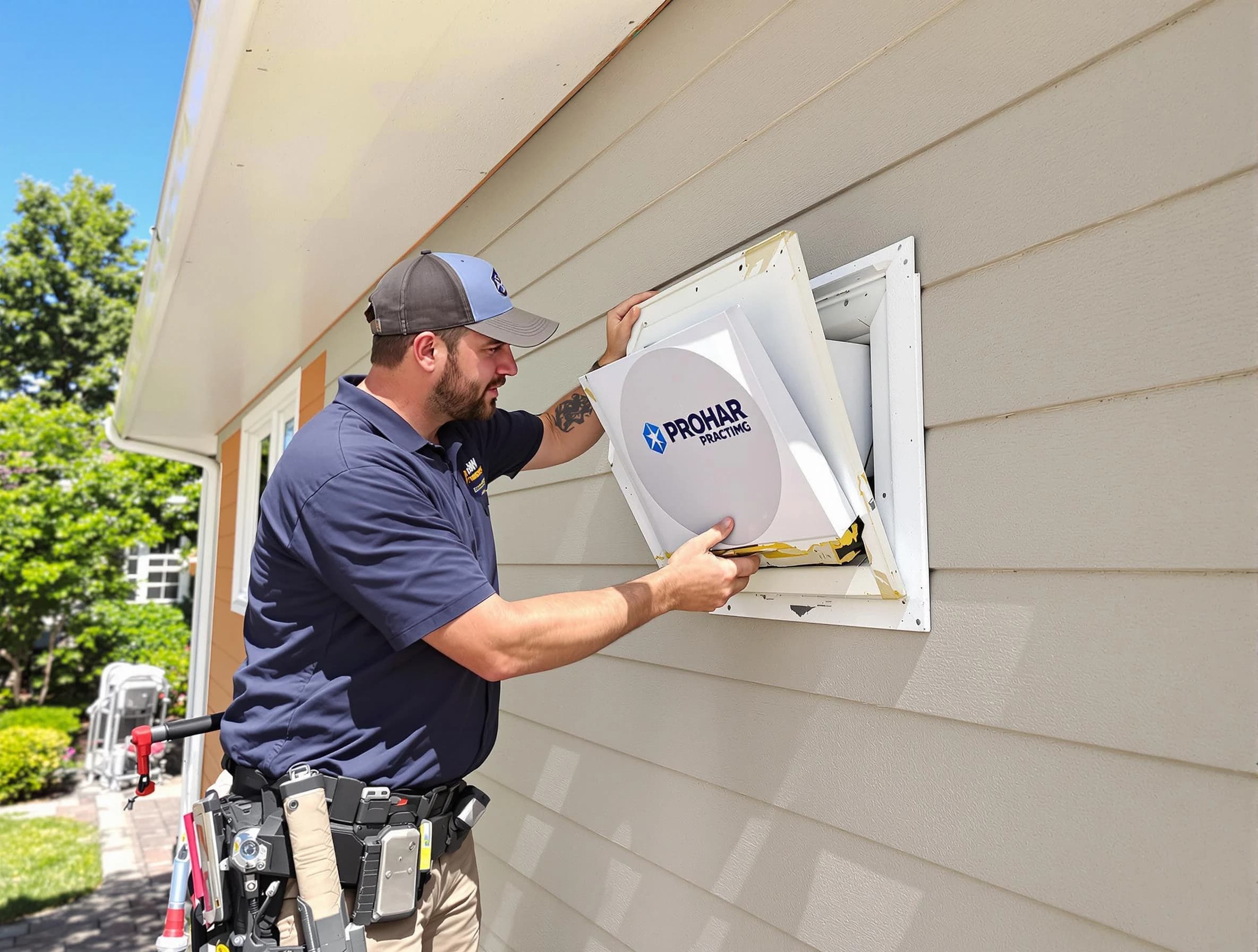 Hopewell Dryer Vent Cleaning technician installing a new protective dryer vent cover on a home in Hopewell